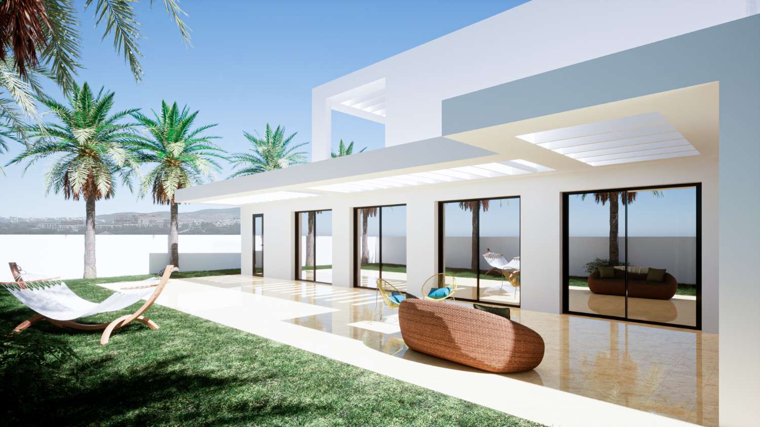 ett nivå Villa på 208 m2 på en tomt på 982 m2. Vakker havutsikt. I tillegg 229 m2 terrasser.