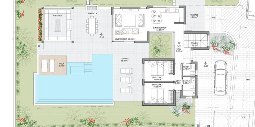 3 sovrum, två designförslag för projektet, byggt 235 m2. Tomt 500 m2, hållbara energi hem.