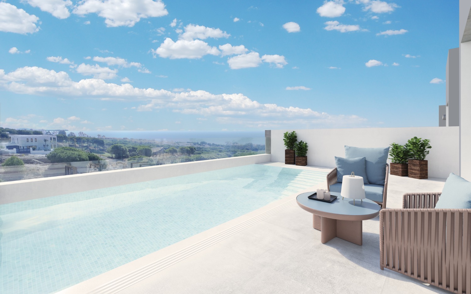 Vistas al mar, 3 dormitorios independientes y adosados con piscina privada. Precio de venta desde 689.000 euros. Cabopino.
