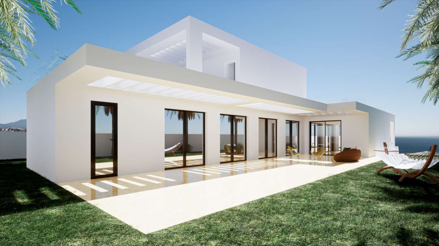 een niveau Villa van 208 m2 op een perceel van 982 m2. Prachtig uitzicht op zee. In extra 229 m2 terrassen.