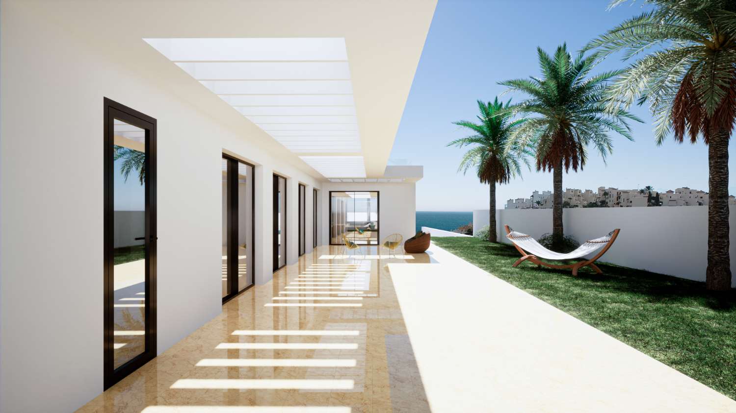 Villa su un livello di 208 m2 su un terreno di 982 m2. Splendida vista sul mare. In ulteriori 229 m2 di terrazze.